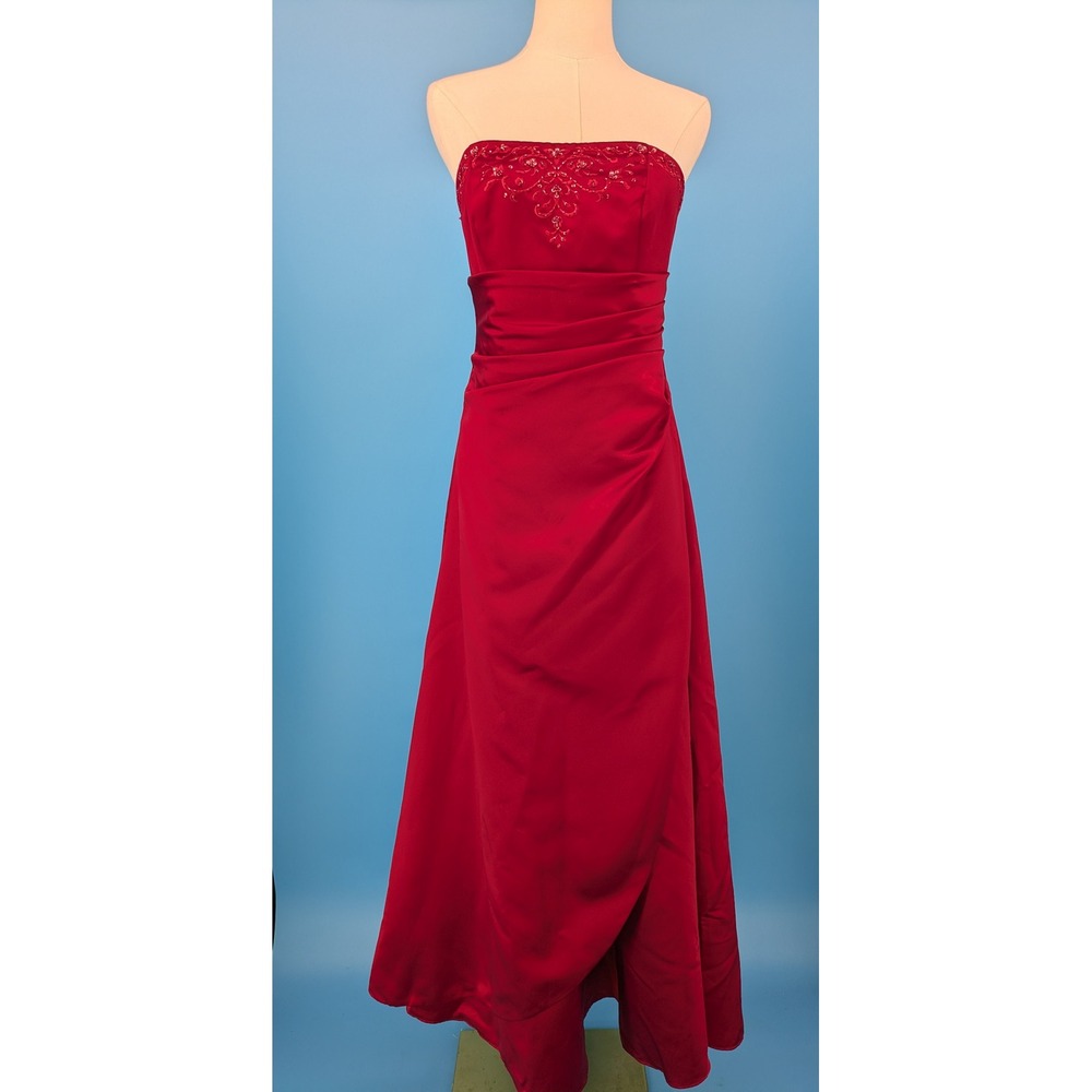 Davids Bridal Strapless Gown Womens 6 Red Beaded Ruched Prom Formal Dress F11165
